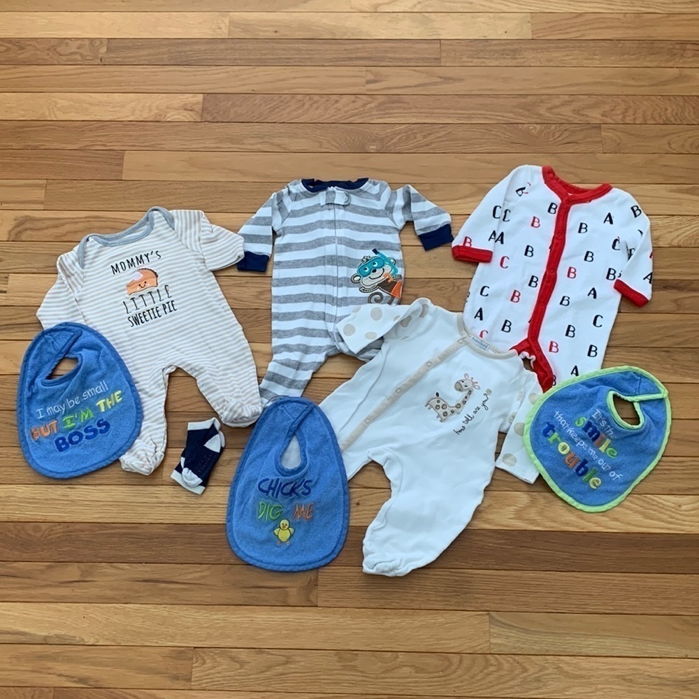 Bundle 0-3 Months Baby Footed One-Pieces and Bibs (various brands)